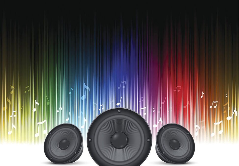 Three speakers on white stage with an abstract rainbow background.  EPS 10 file using transparencies